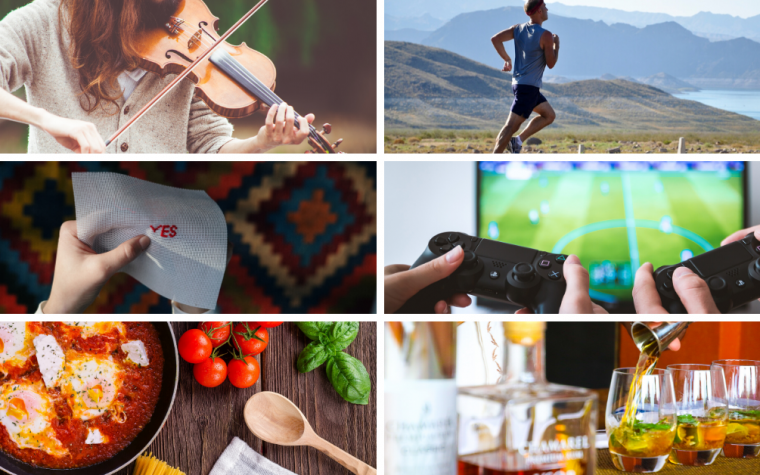 Pictures of hobbies and activities, including violin, running and video games